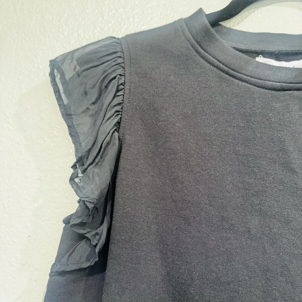 New THML Danica French Terry Black Ruffle Sleeve Top Size Medium - Picture 4 of 10